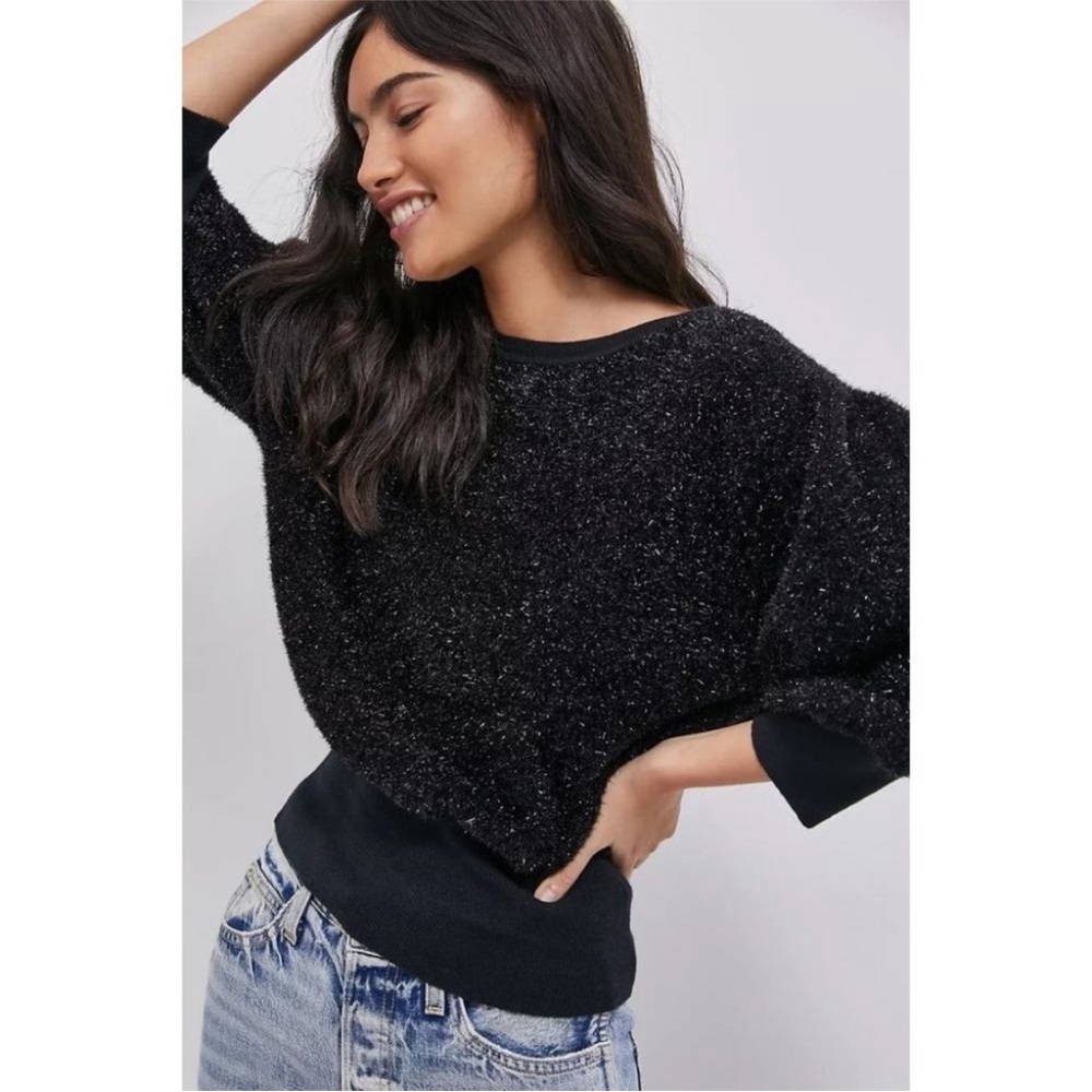 Anthropologie Maeve Pamela Tinsel Black Shimmer Puffy Sleeve Sweater Size Small